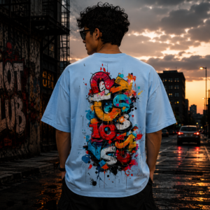 Home indiura sky blue abstract graffiti oversized graphic t shirt – premium streetwear edition
