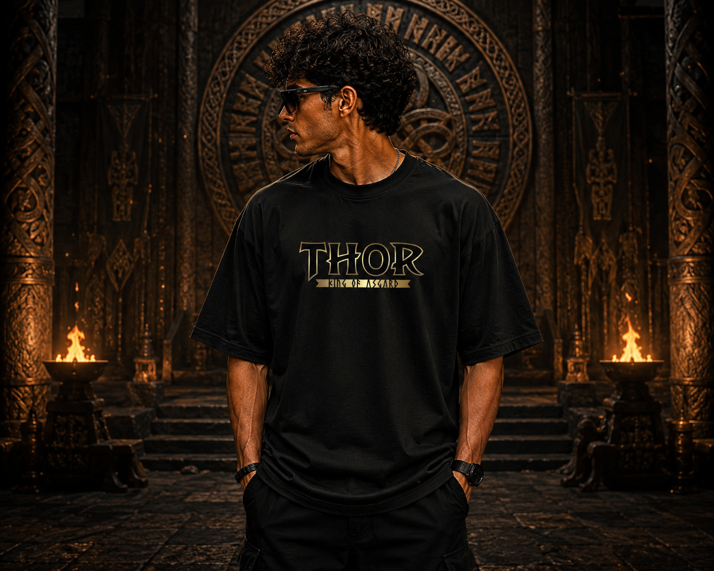 Thor Mjolnir Oversized Graphic T-Shirt for Men & Women | 180 GSM Premium Cotton Black oversized t-shirt featuring a Thor-inspired front logo and a bold Mjolnir hammer graphic with golden lightning artwork on the back.