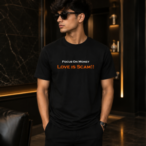 Home Focus On Money Love Is Scam Printed Black T-Shirt for Men & Women | Minimal Typography Graphic Tee