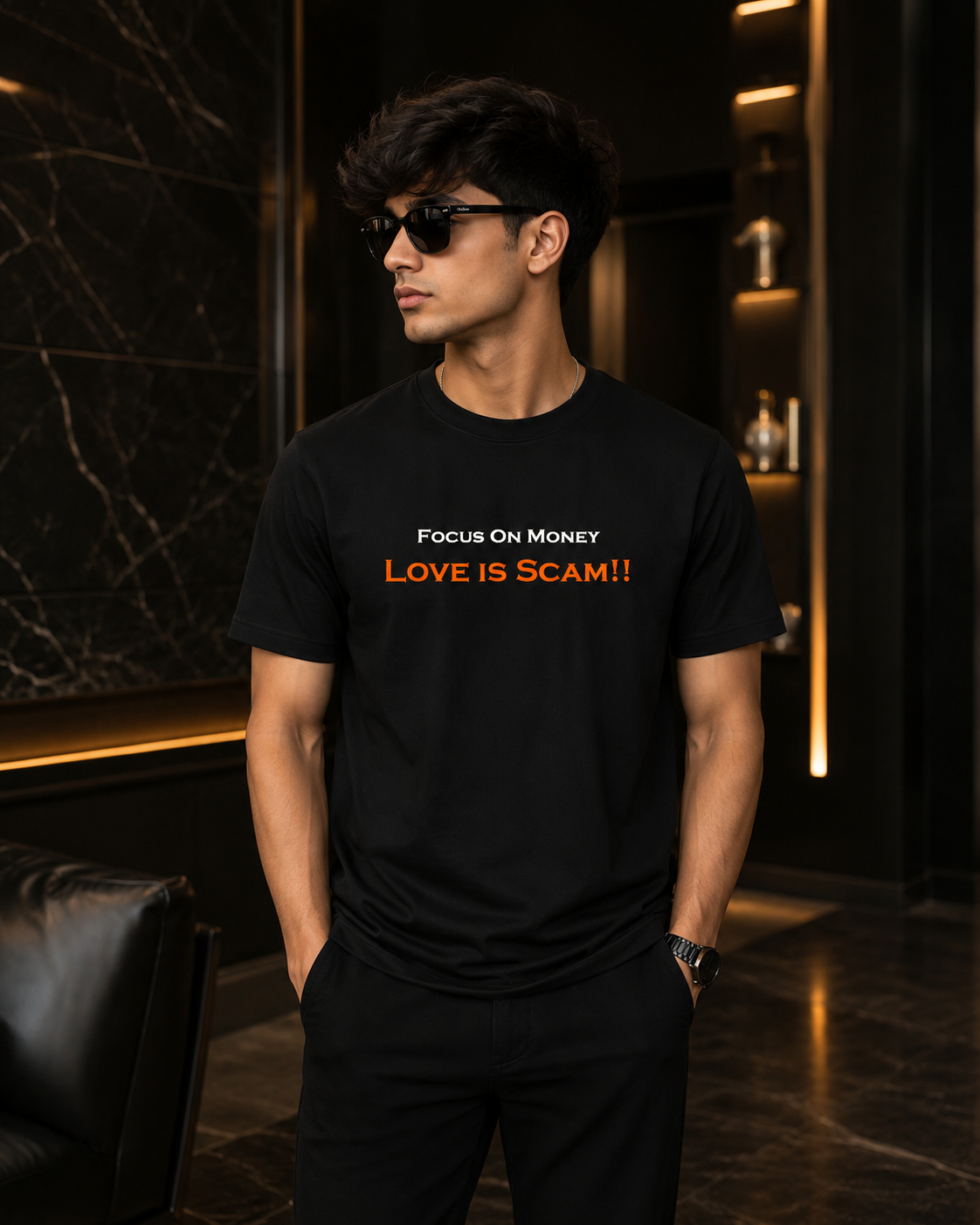 Focus On Money Love Is Scam Printed Black T-Shirt for Men & Women | Minimal Typography Graphic Tee Focus On Money Love Is Scam Printed Black T-Shirt for Men & Women | Minimal Typography Graphic Tee