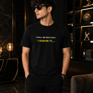 Home Black Regular Fit T-Shirt with I Will Be Rich Day I Know It Typography Print
