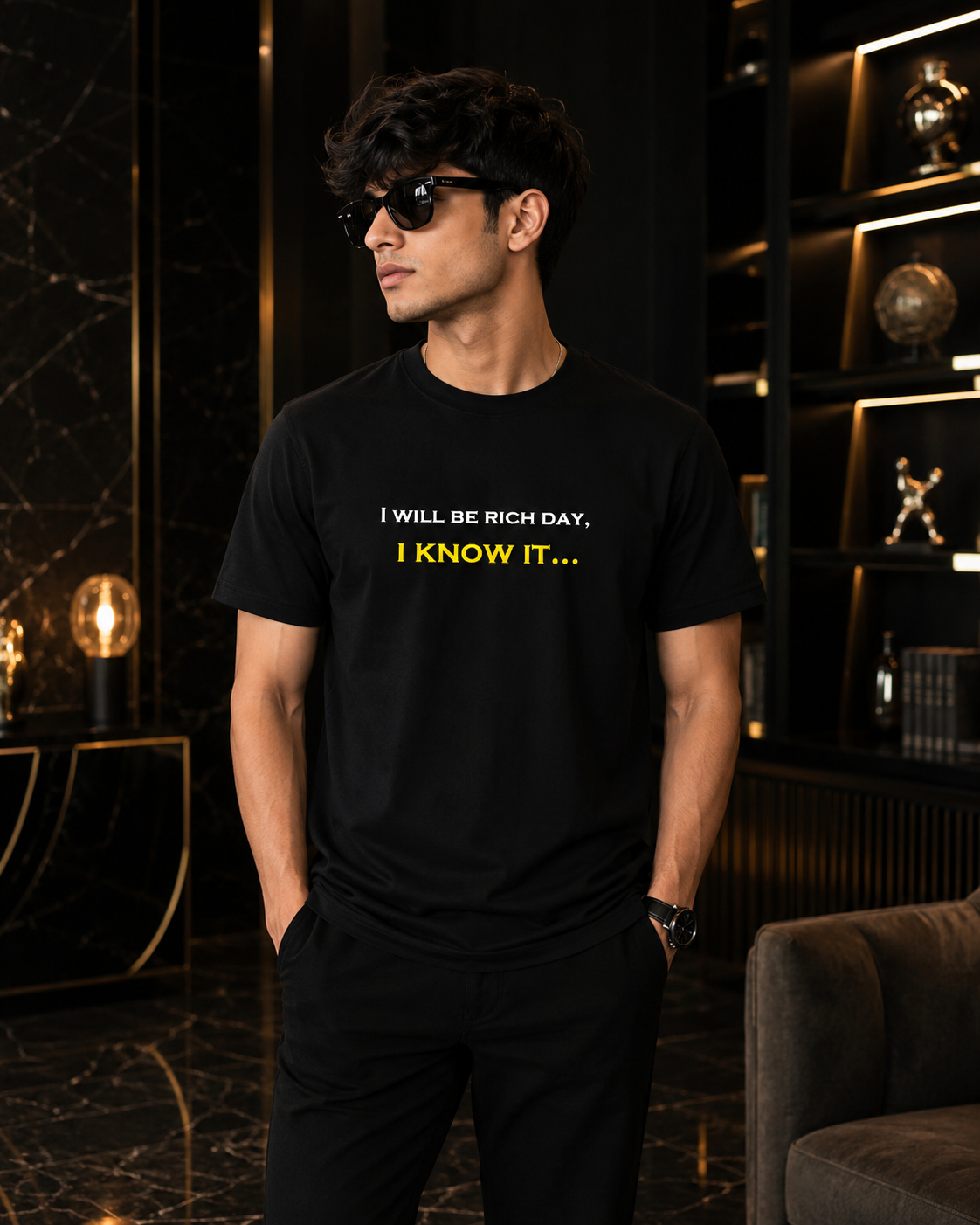 I Will Be Rich Day I Know It Black Regular Fit T-Shirt | Premium Cotton Black Regular Fit T-Shirt with I Will Be Rich Day I Know It Typography Print