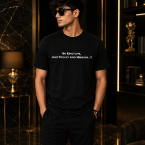 Home Black Regular Fit T-Shirt with No Emotion Just Money and Mission Typography Print