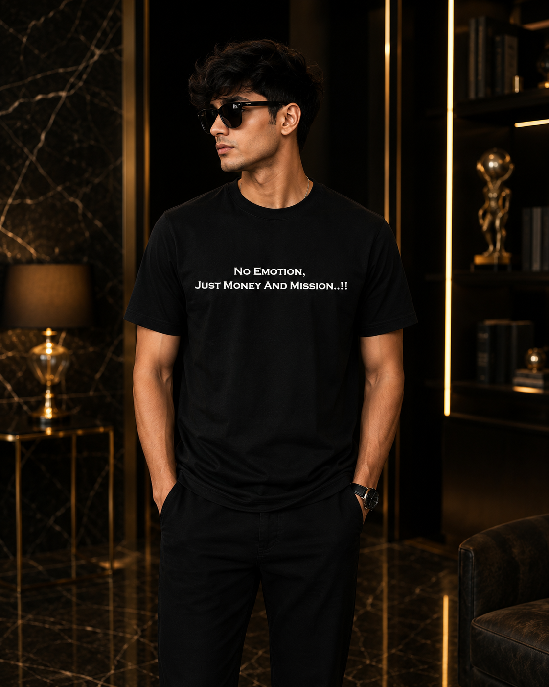 No Emotion Just Money and Mission Black Regular Fit T-Shirt | Premium Cotton Black Regular Fit T-Shirt with No Emotion Just Money and Mission Typography Print