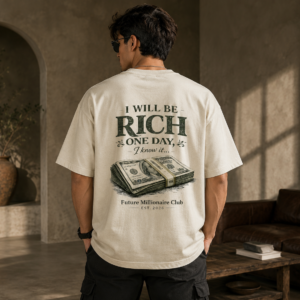 Home Off White oversized premium cotton t-shirt with I Will Be Rich One Day motivational graphic back print and plain front.