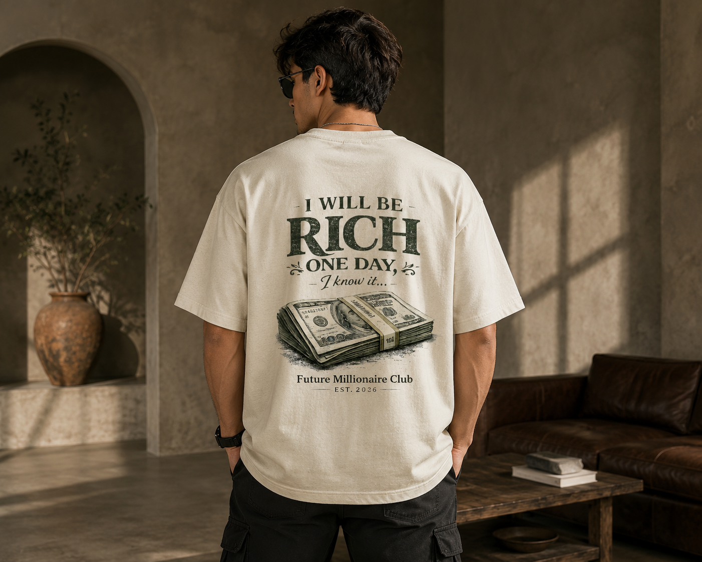 Off White oversized premium cotton t-shirt with I Will Be Rich One Day motivational graphic back print and plain front. Off White oversized premium cotton t-shirt with I Will Be Rich One Day motivational graphic back print and plain front.