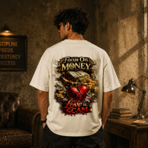 Home Off White oversized premium cotton t-shirt with Focus On Money Love Is Scam graphic back print and plain front.