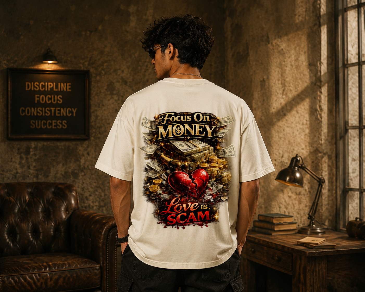 Off White oversized premium cotton t-shirt with Focus On Money Love Is Scam graphic back print and plain front. Off White oversized premium cotton t-shirt with Focus On Money Love Is Scam graphic back print and plain front.