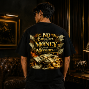 Home Black oversized graphic t-shirt with No Emotion Just Money & Mission luxury-inspired back print made from premium cotton.