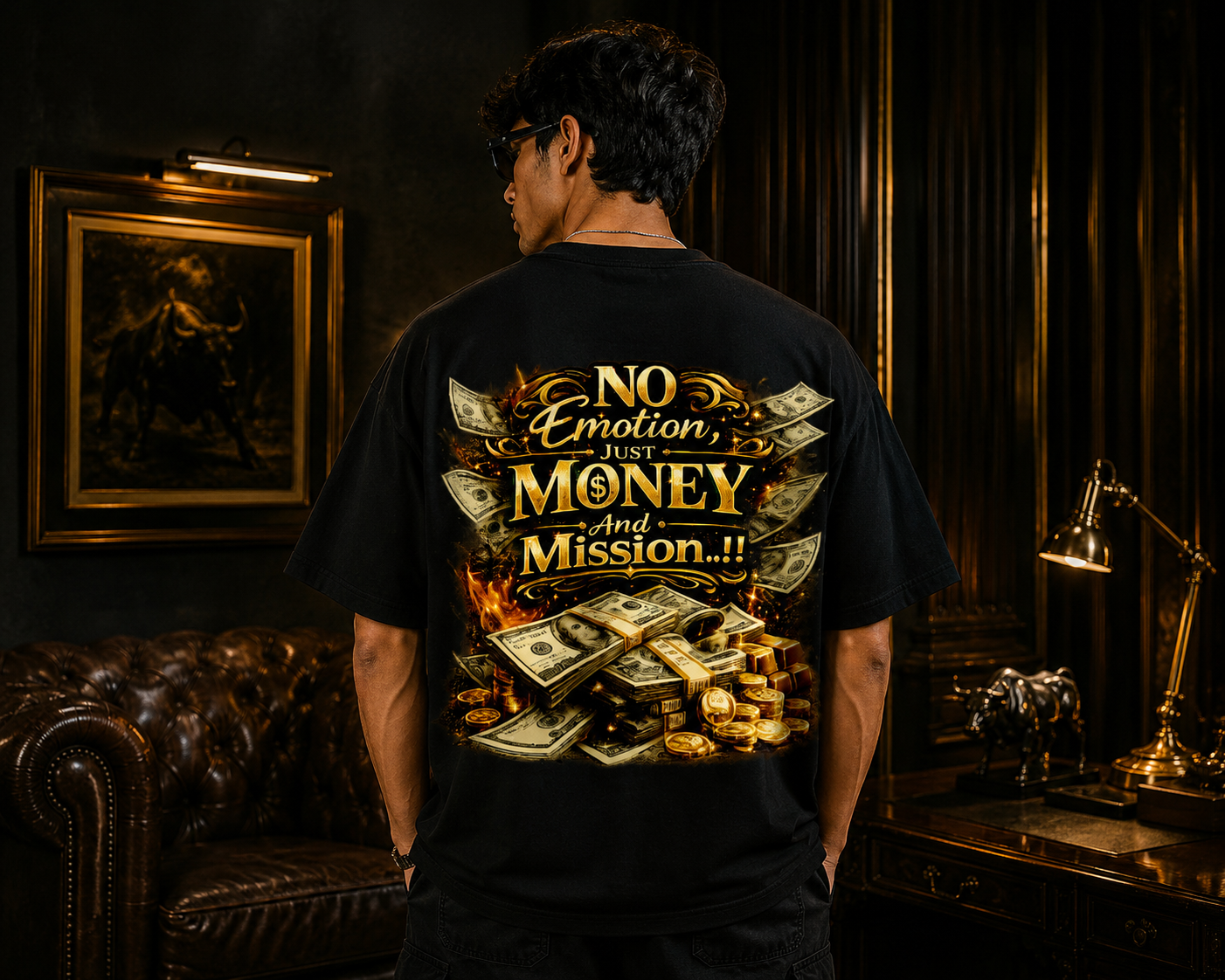 Black oversized graphic t-shirt with No Emotion Just Money & Mission luxury-inspired back print made from premium cotton. Black oversized graphic t-shirt with No Emotion Just Money & Mission luxury-inspired back print made from premium cotton.