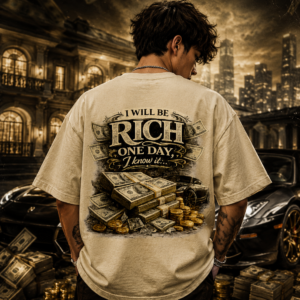 Home Rich One Day oversized beige graphic t-shirt with luxury money inspired back print made from premium 240 GSM cotton.