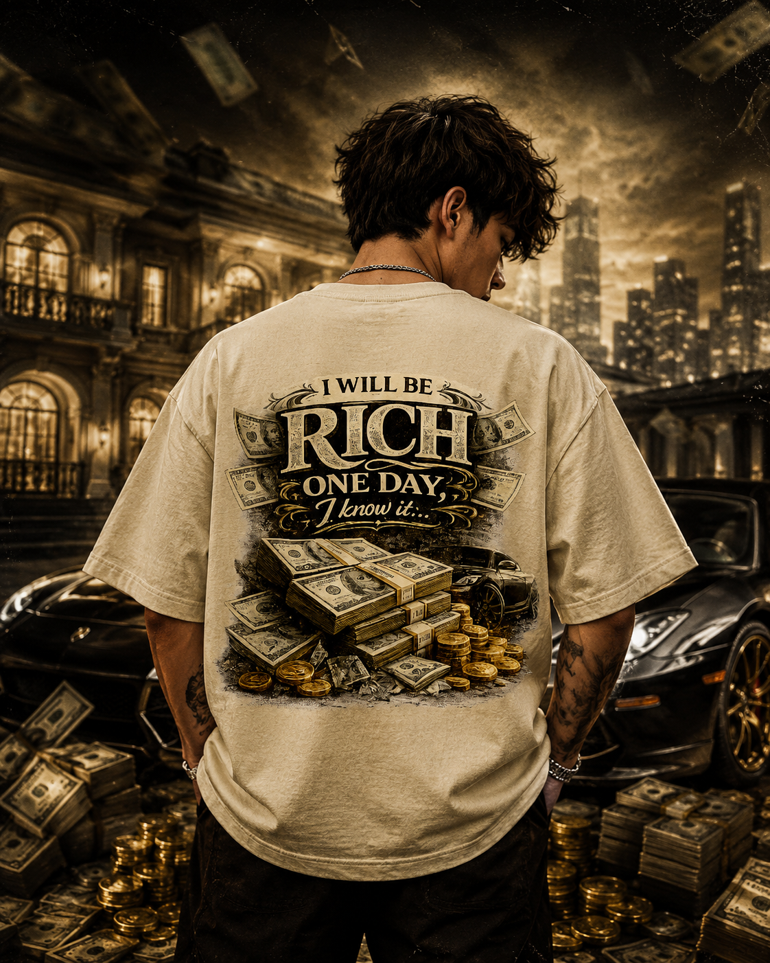 Rich One Day oversized beige graphic t-shirt with luxury money inspired back print made from premium 240 GSM cotton. Rich One Day oversized beige graphic t-shirt with luxury money inspired back print made from premium 240 GSM cotton.