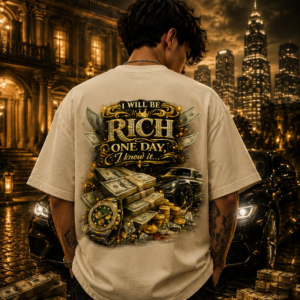 Home Off White oversized premium cotton T-shirt featuring I Will Be Rich One Day luxury graphic print on the back with a plain front.