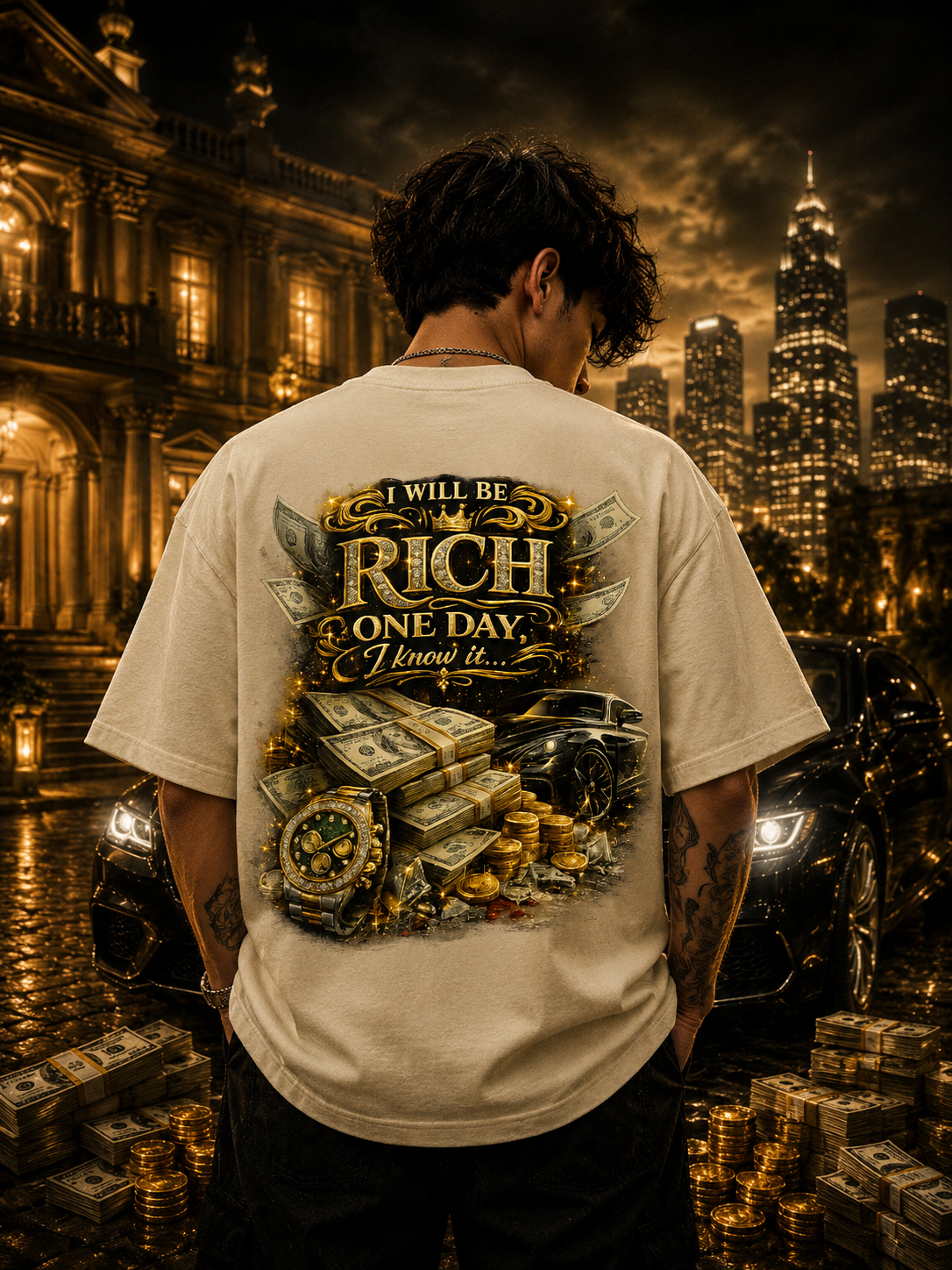 Off White oversized premium cotton T-shirt featuring I Will Be Rich One Day luxury graphic print on the back with a plain front. Off White oversized premium cotton T-shirt featuring I Will Be Rich One Day luxury graphic print on the back with a plain front.